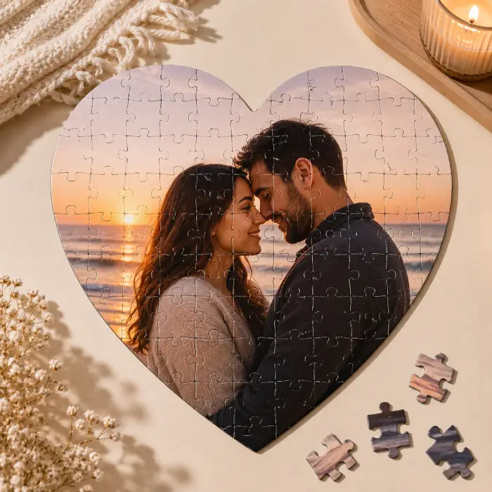 Puzzle coeur photo personnalisé avec photo de couple au coucher du soleil, présenté dans une ambiance douce et romantique.