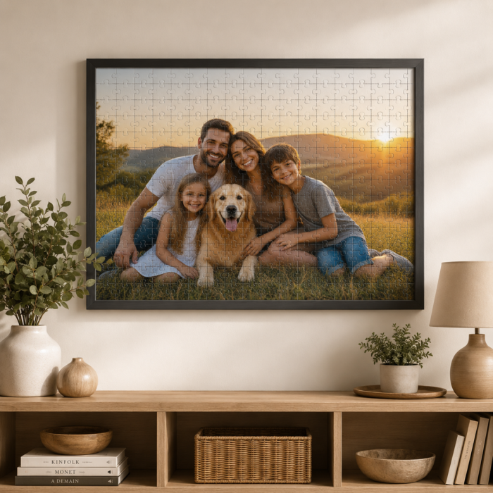 Puzzle photo personnalisé encadré – Décoration murale unique Puzzle photo personnalisé encadré et accroché au mur dans un salon chaleureux et moderne.