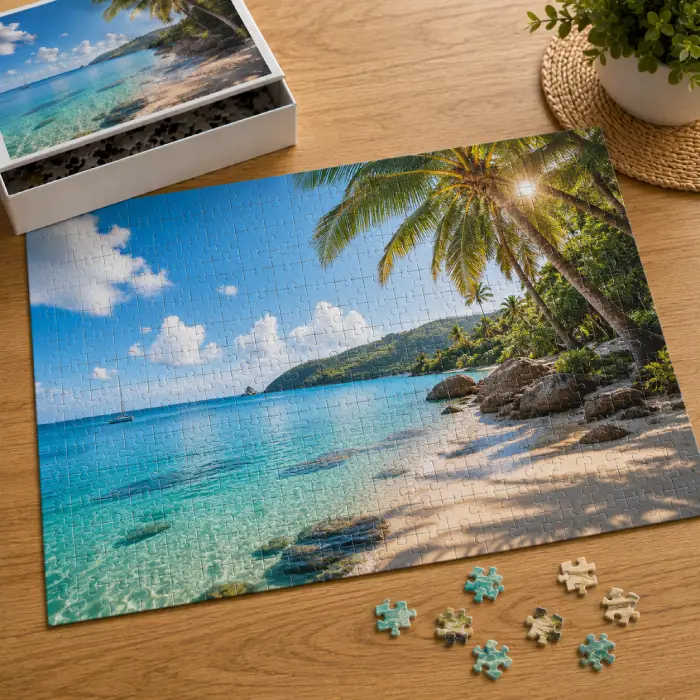 Puzzle photo personnalisé – Souvenir de plage tropicale Puzzle photo personnalisé représentant une plage tropicale avec palmiers, sable blanc et eau turquoise.