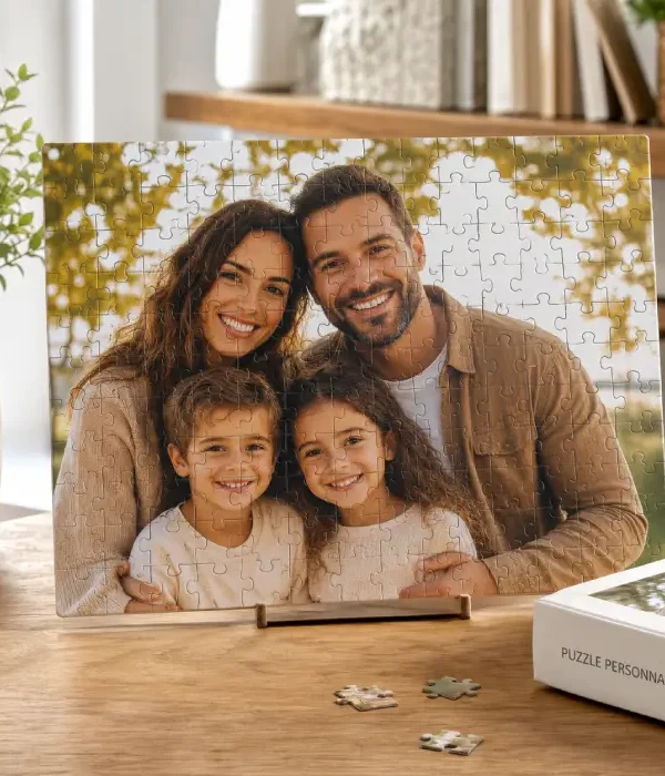 Puzzle photo personnalisé avec portrait de famille présenté dans un intérieur chaleureux et lumineux.