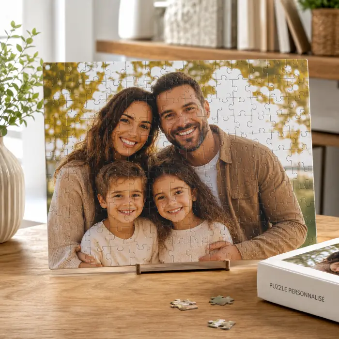 Puzzle photo personnalisé – Souvenir familial à assembler Puzzle photo personnalisé avec portrait de famille présenté dans un intérieur chaleureux et lumineux.