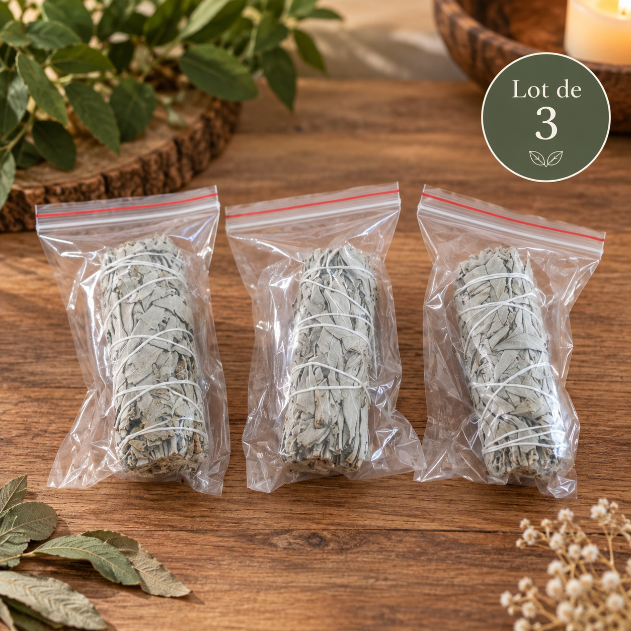 lot de 3 bâtons de sauge blanche séchée, fagots naturels à brûler
